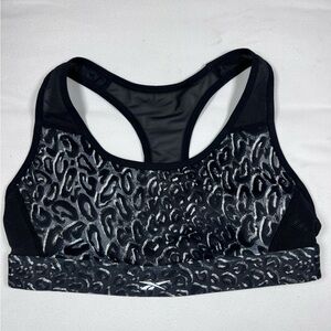 NWT Reebok Black and Gray Leopard Print Sports Bra size M. Mesh back